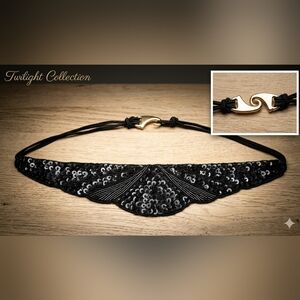 Vintage Twilight Collection All-Black Beaded & Sequined Belt With Gold Swan-Hook